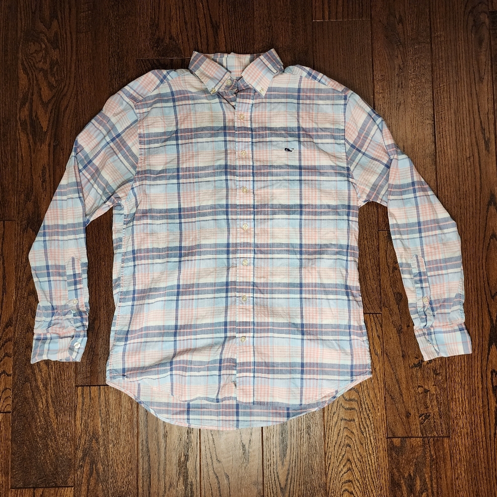 Vineyard Vines Whale Shirt Size M Medium Blue Pink Plaid Check 100% Cotton Logo